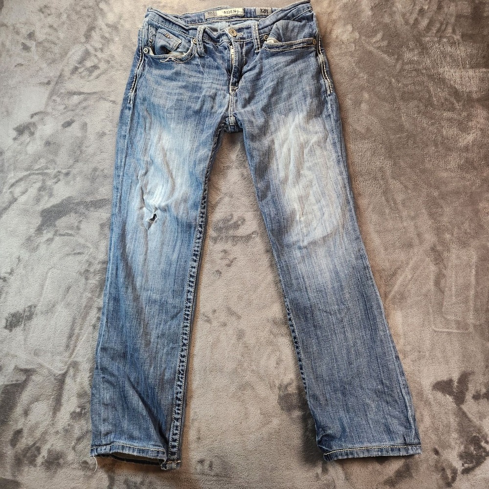 BKE Aiden Jeans Mens 32x32 Blue Low Rise Bootcut Denim Light Wash Distressed